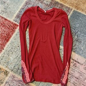 Free People Red Long Sleeve Top with Lace Accents